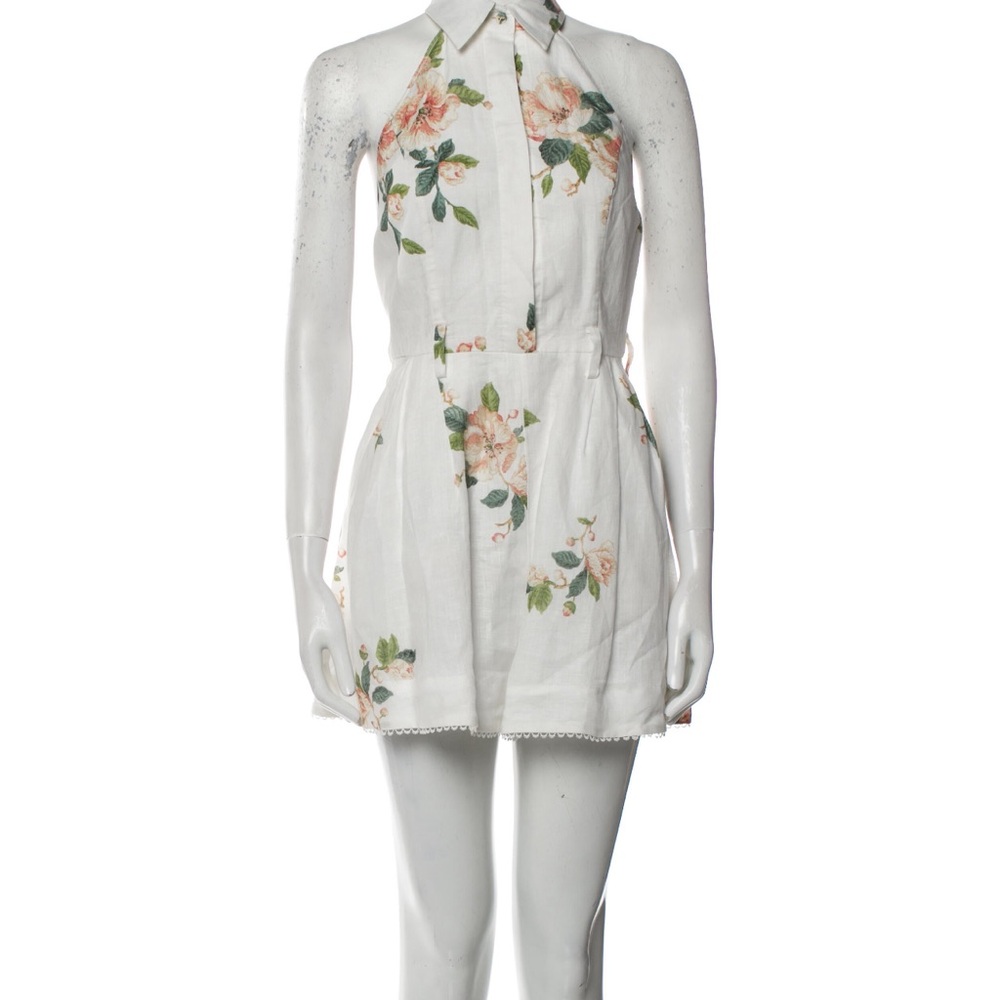 Zimmermann White Linen Halter Romper with Pink Floral & Green Leaves